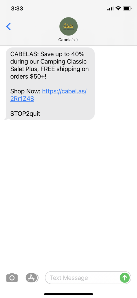 Cabela's Text Message Marketing Example - 05.06.2021