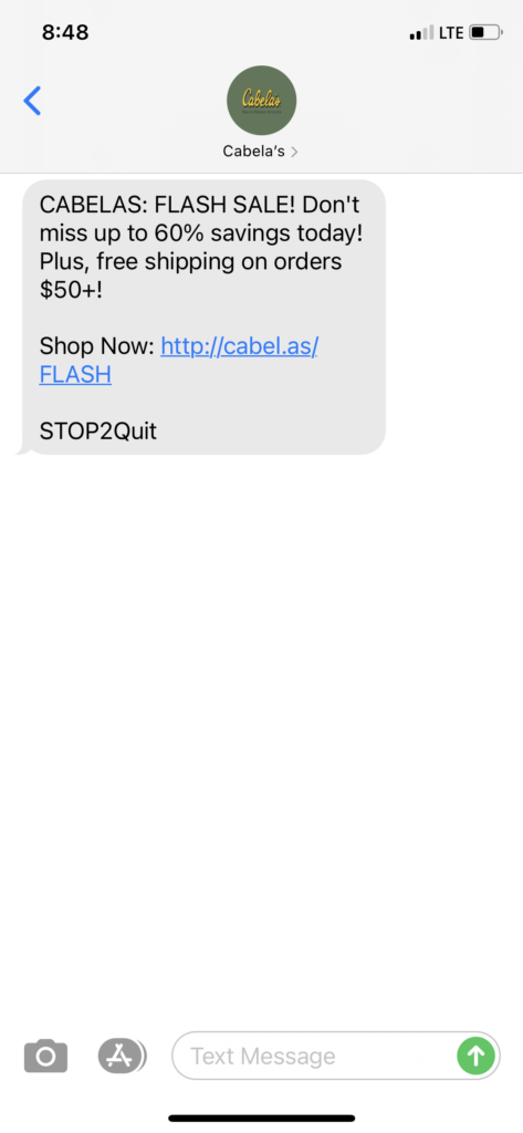 Cabela's Text Message Marketing Example - 05.16.2021