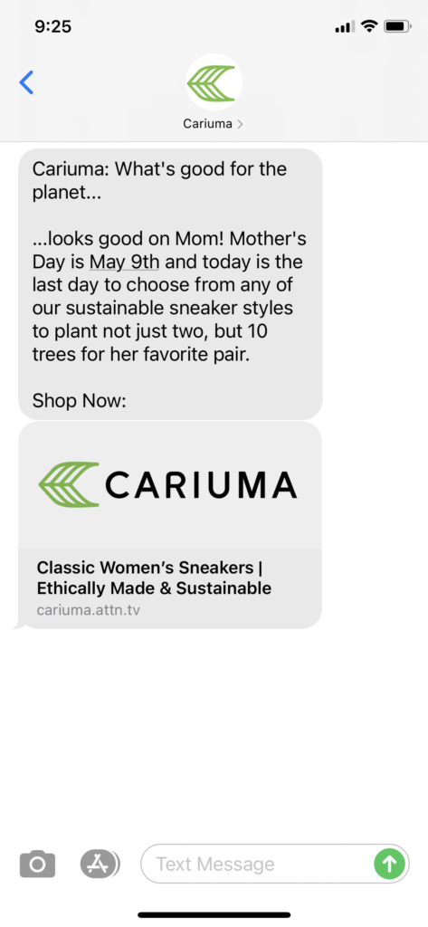 Cariuma Text Message Marketing Example - 04.30.2021