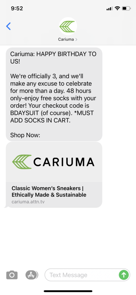 Cariuma Text Message Marketing Example - 05.02.2021