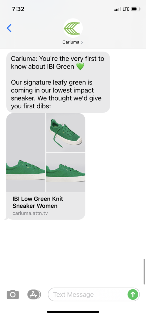 Cariuma Text Message Marketing Example - 05.20.2021