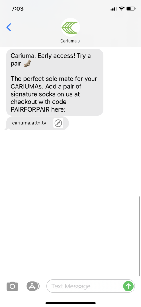 Cariuma Text Message Marketing Example - 05.25.2021