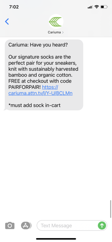 Cariuma Text Message Marketing Example - 05.26.2021