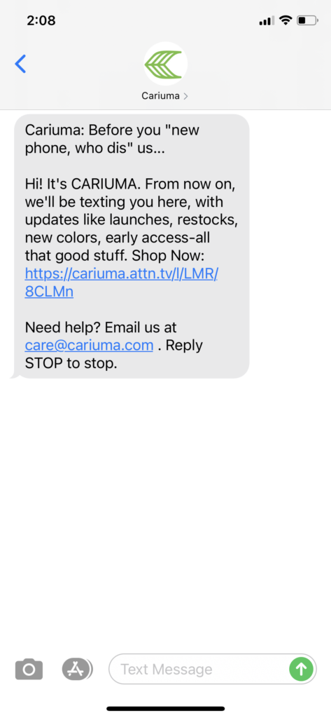 Cariuma Text Message Marketing Example - 05.28.2021