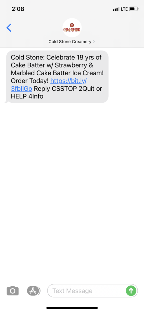 Cold Stone Creamery Text Message Marketing Example - 05.13.2021