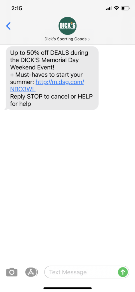 Dick's Sporting Goods Text Message Marketing Example - 05.28.2021