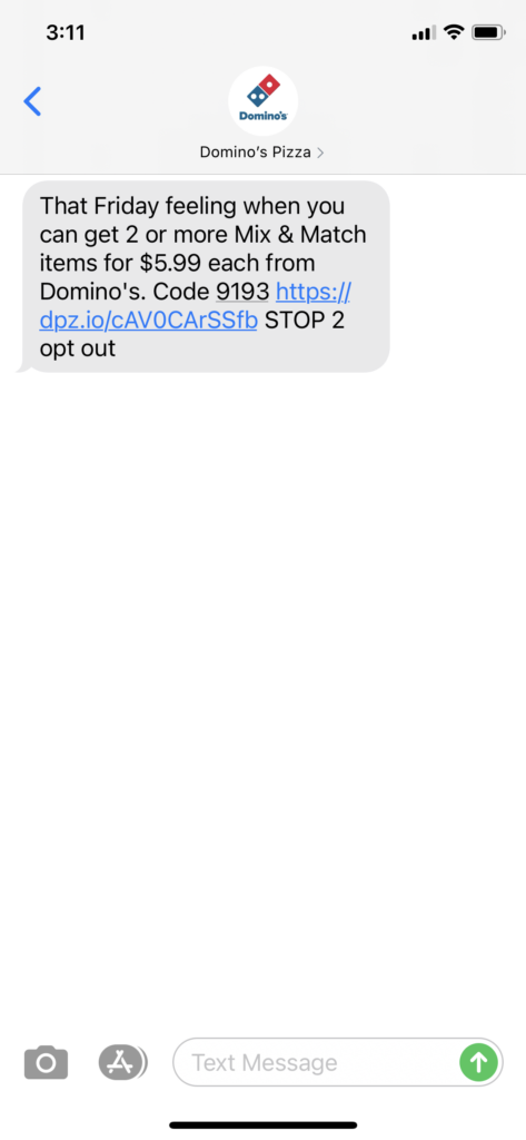 Domino's Text Message Marketing Example - 05.07.2021