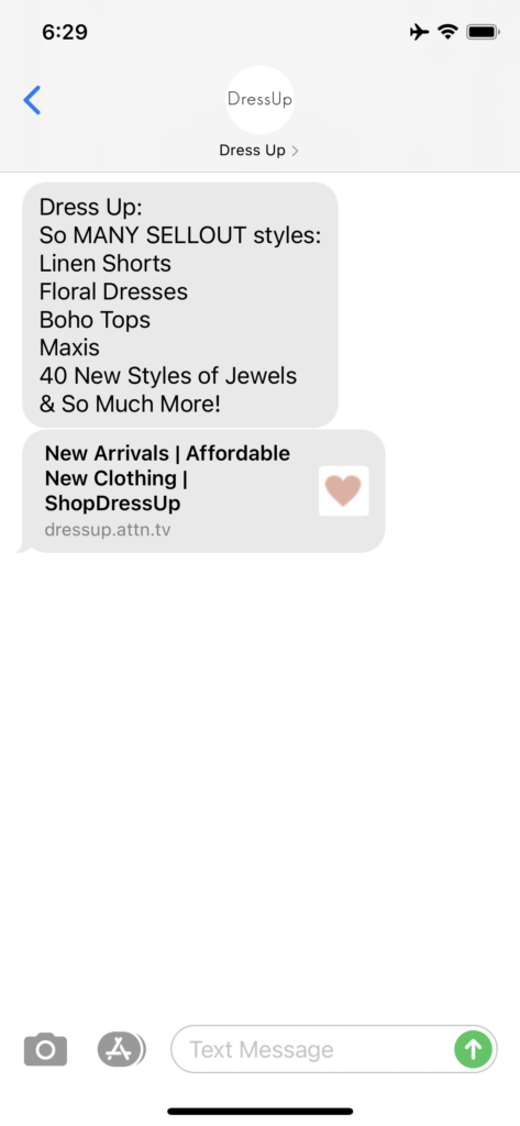 Dress Up Text Message Marketing Example - 05.22.2021
