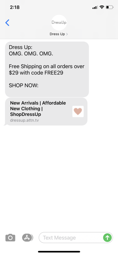 Dress Up Text Message Marketing Example - 05.28.2021