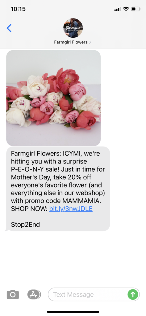 Farmgirl Flowers Text Message Marketing Example - 04.29.2021