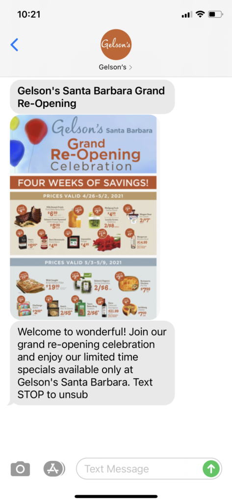 Gelson's Text Message Marketing Example - 04.29.2021
