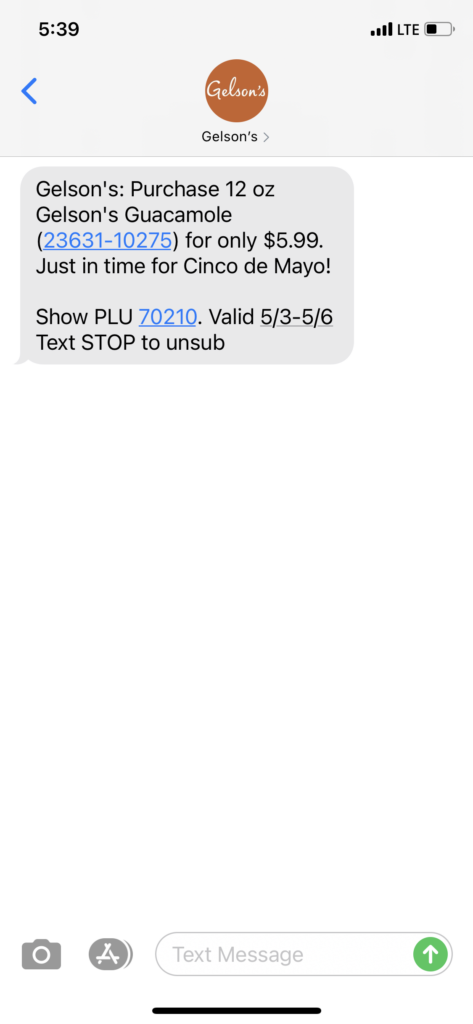 Gelson's Text Message Marketing Example - 05.03.2021