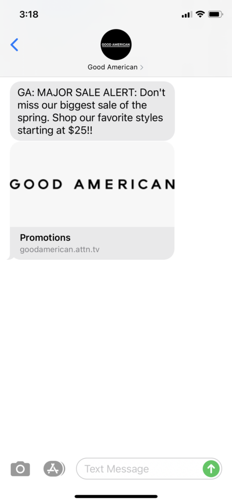 Good American Text Message Marketing Example - 05.07.2021