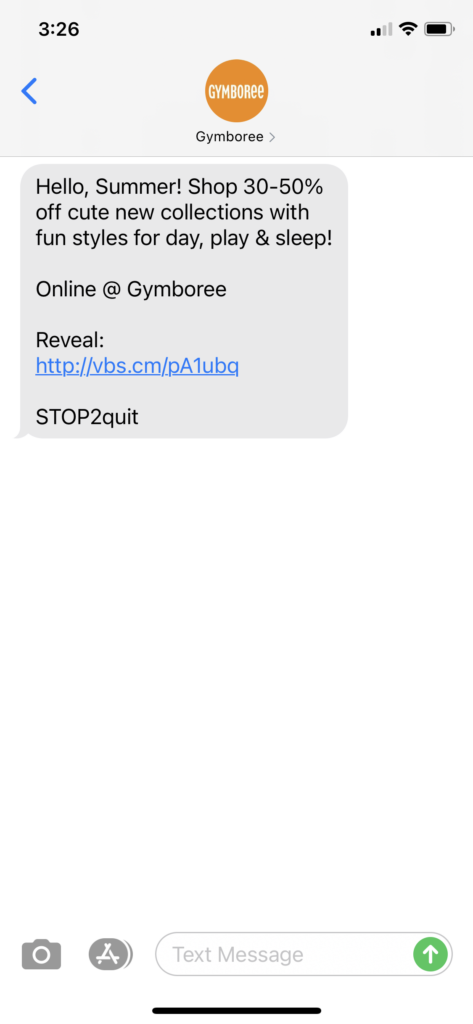 Gymboree Text Message Marketing Example - 05.06.2021