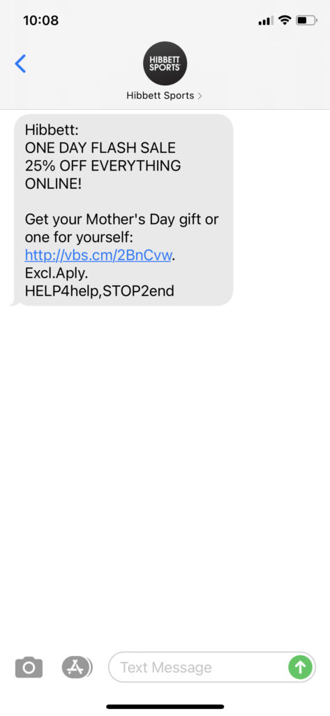 Hibbett Text Message Marketing Example - 05.01.2021