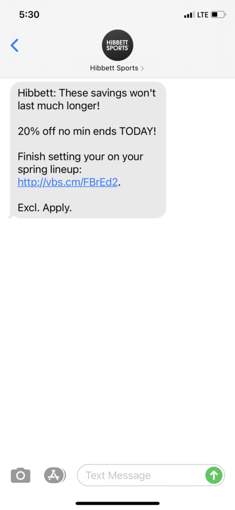 Hibbett Text Message Marketing Example - 05.04.2021