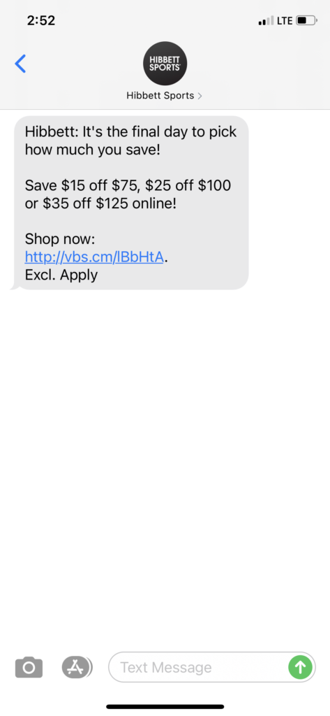 Hibbett Text Message Marketing Example - 05.11.2021