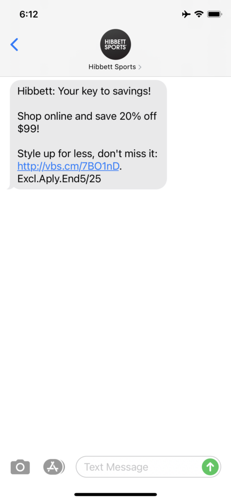 Hibbett Text Message Marketing Example - 05.23.2021