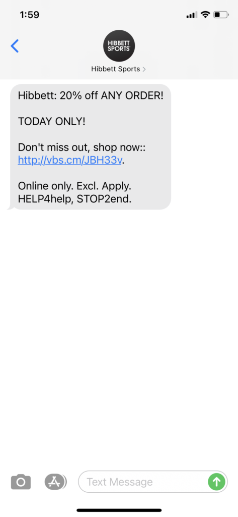 Hibbett Text Message Marketing Example - 05.29.2021
