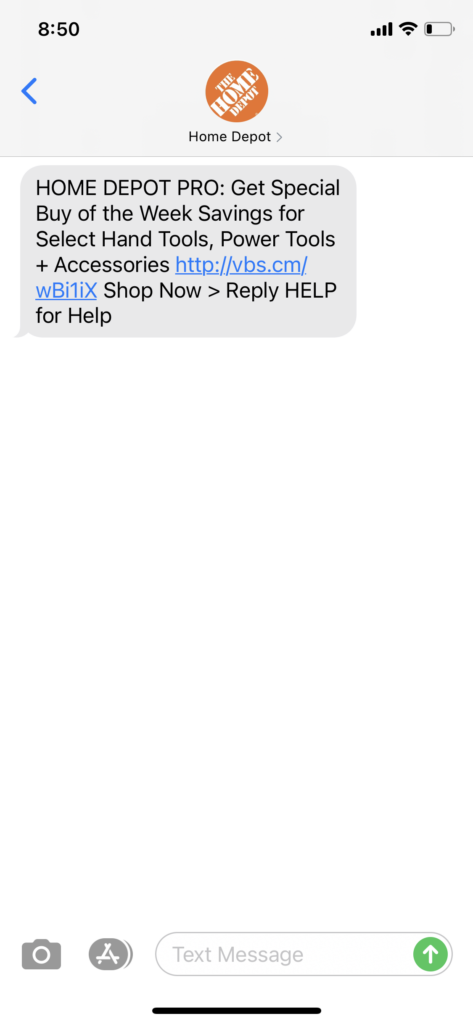 Home Depot 1 Text Message Marketing Example - 05.25.2021