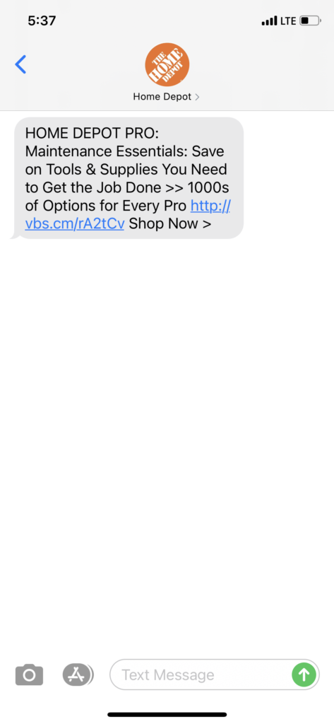 Home Depot Text Message Marketing Example - 05.03.2021