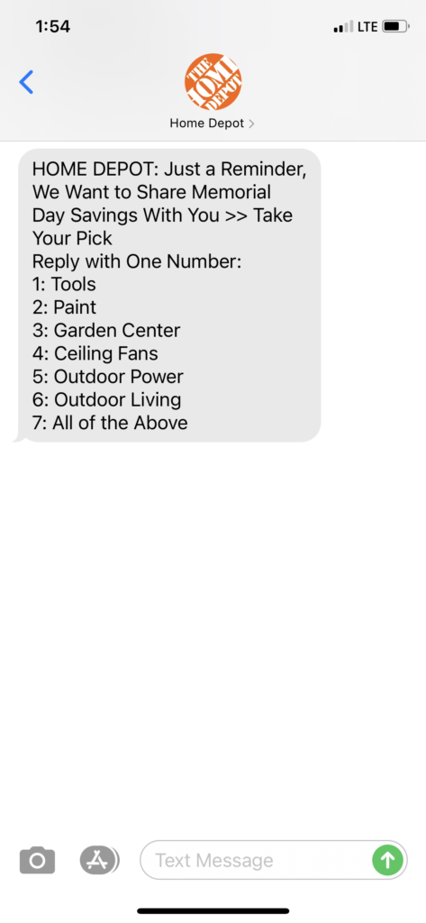 Home Depot Text Message Marketing Example - 05.14.2021
