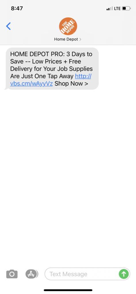 Home Depot Text Message Marketing Example - 05.16.2021