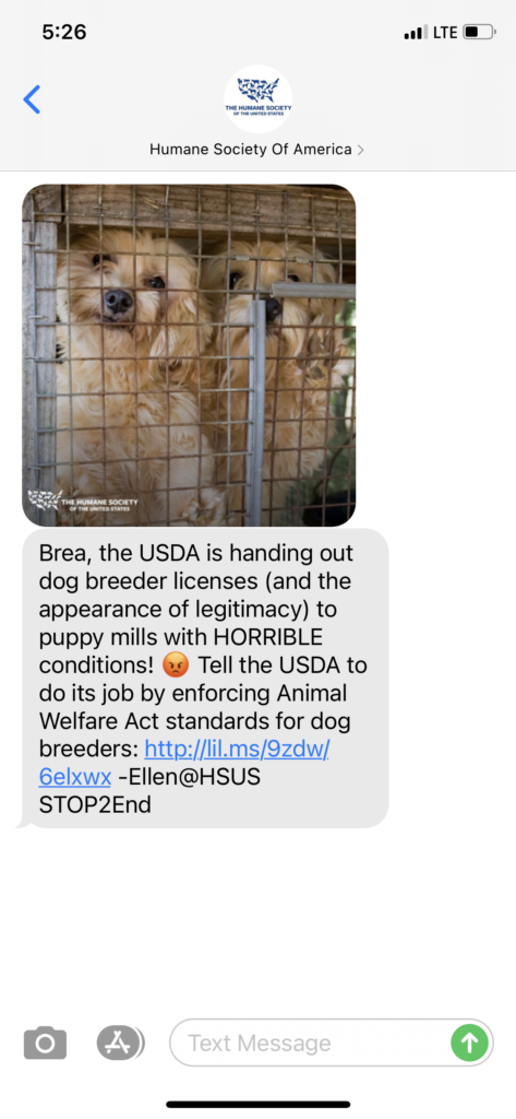 Humane Society of America Text Message Marketing Example - 05.04.2021
