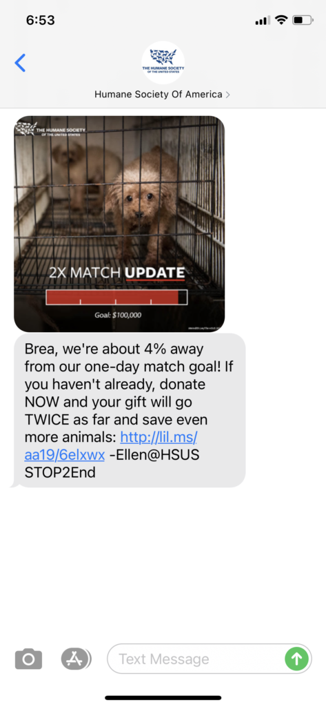 Humane Society of America Text Message Marketing Example - 05.26.2021
