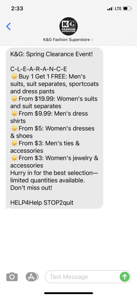 K&G Fashion Superstore Text Message Marketing Example - 05.11.2021