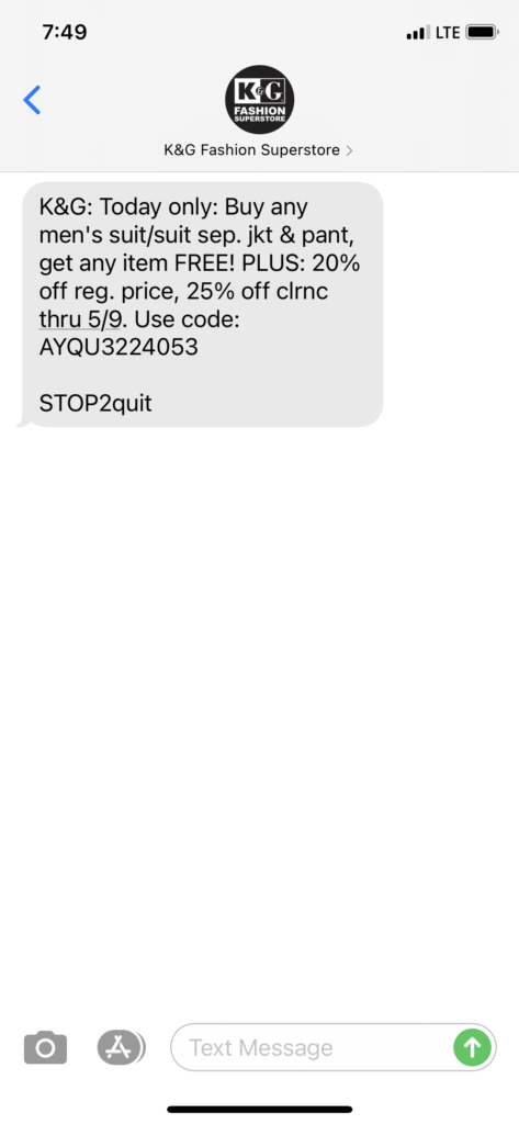 K&G Fashion Superstores Text Message Marketing Example - 05.05.2021
