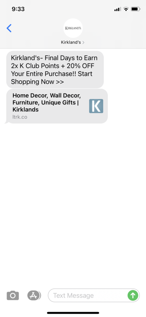 Kirkland's Text Message Marketing Example - 04.30.2021