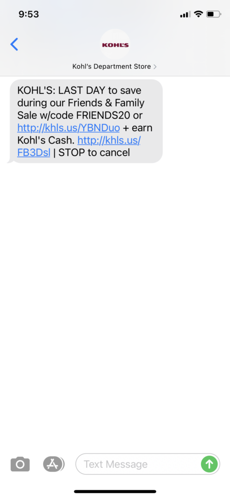 Kohl's Text Message Marketing Example - 05.02.2021