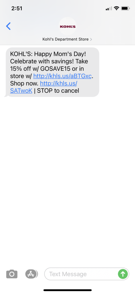 Kohl's Text Message Marketing Example - 05.09.2021