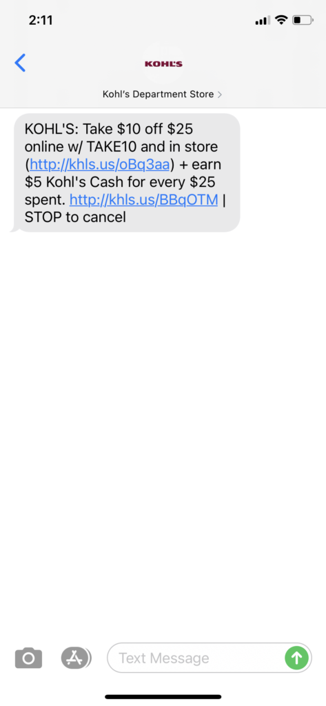 Kohl's Text Message Marketing Example - 05.28.2021