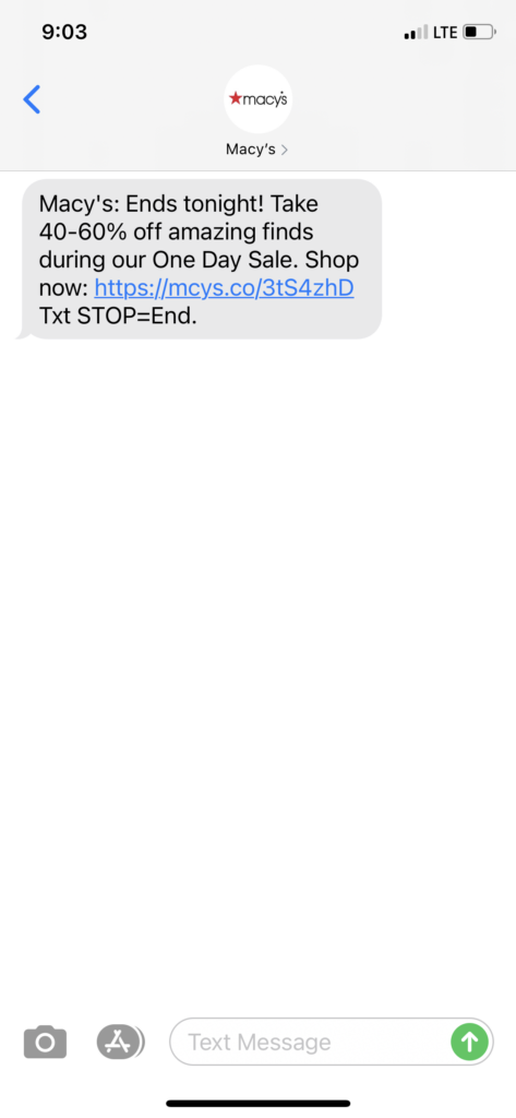 Macy's Text Message Marketing Example - 05.16.2021