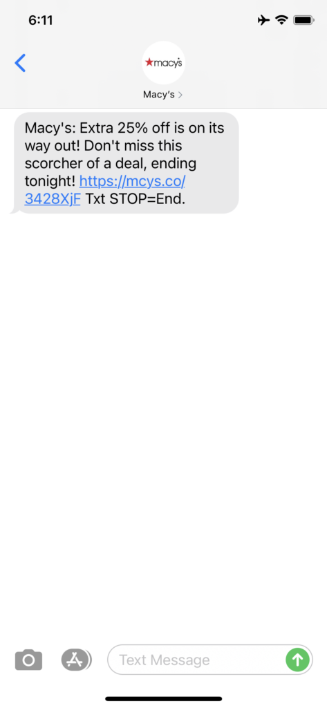 Macy's Text Message Marketing Example - 05.23.2021