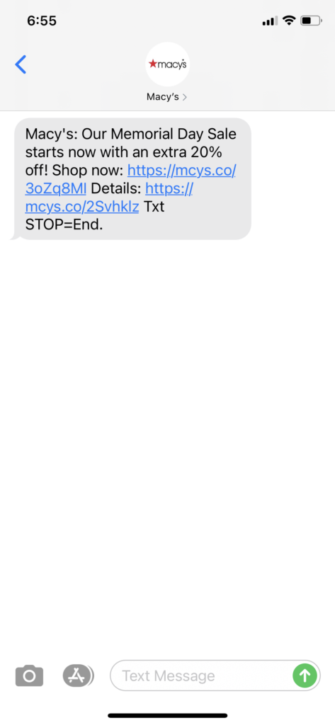 Macy's Text Message Marketing Example - 05.26.2021