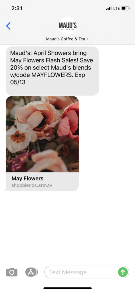 Maud's Coffee & Tea Text Message Marketing Example - 05.11.2021