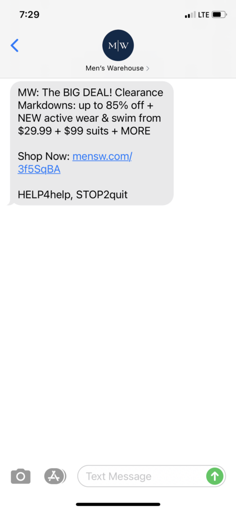 Men's Warehouse Text Message Marketing Example - 05.20.2021