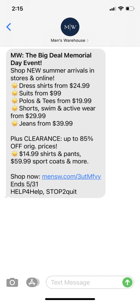 Men's Warehouse Text Message Marketing Example - 05.28.2021