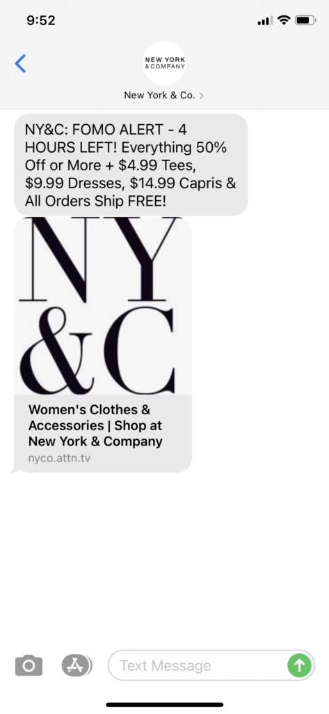 New York & Co Text Message Marketing Example - 05.09.2021