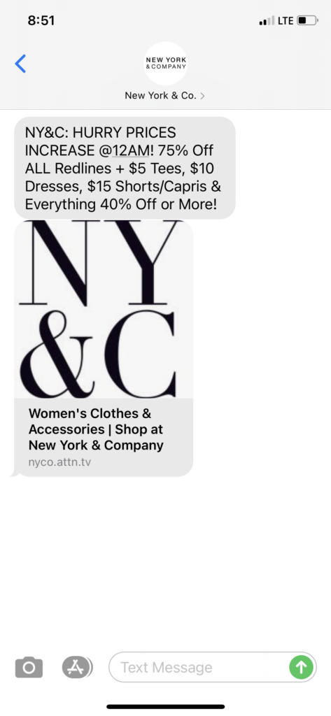New York & Co Text Message Marketing Example - 05.16.2021