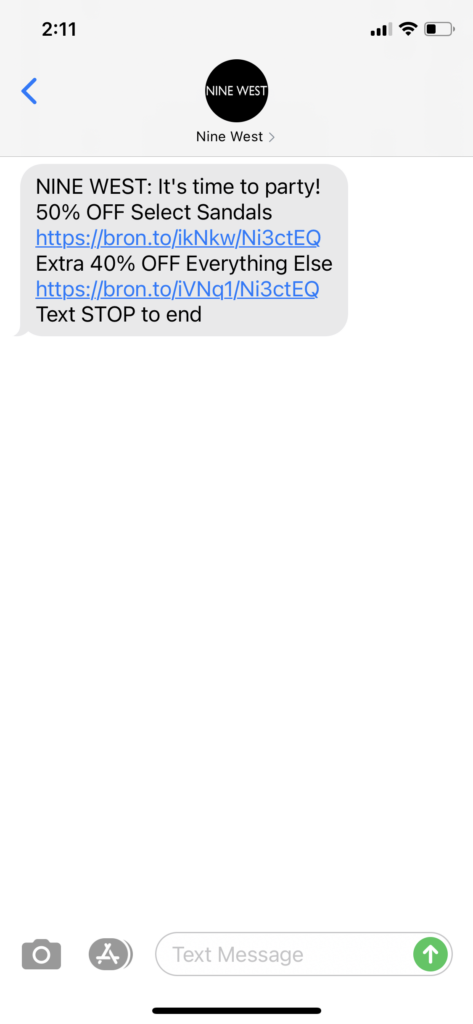 Nine West Text Message Marketing Example - 05.28.2021
