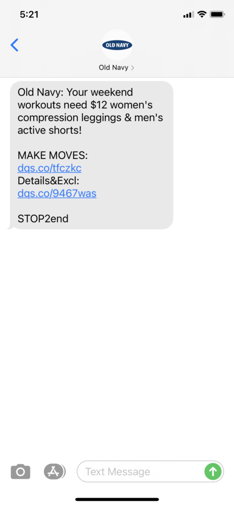 Old Navy Text Message Marketing Example - 05.15.2021
