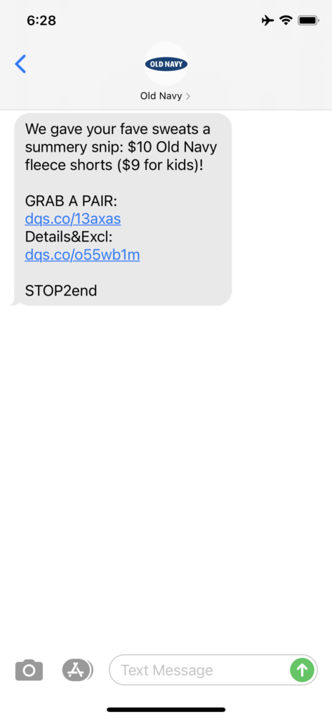 Old Navy Text Message Marketing Example - 05.22.2021