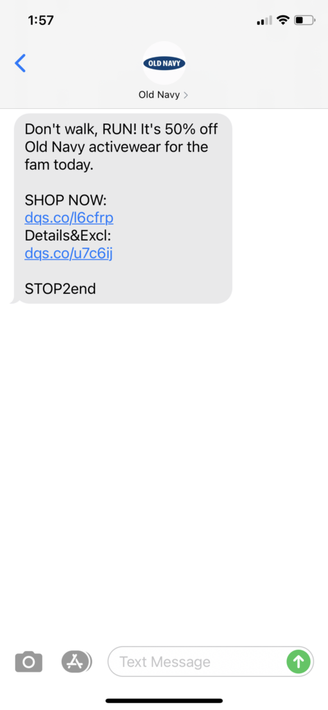 Old Navy Text Message Marketing Example - 05.29.2021