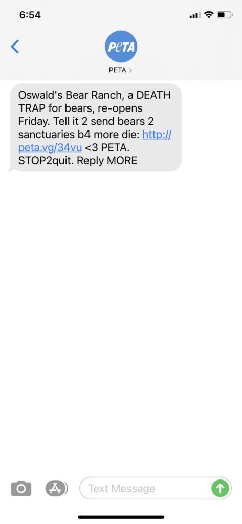 PETA Text Message Marketing Example - 05.26.2021