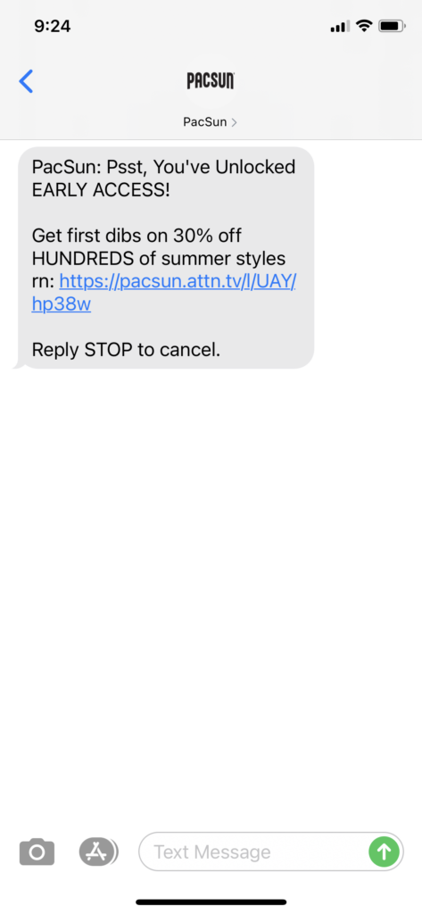 PacSun Text Message Marketing Example - 04.30.2021