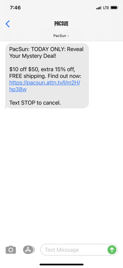 PacSun Text Message Marketing Example - 05.05.2021